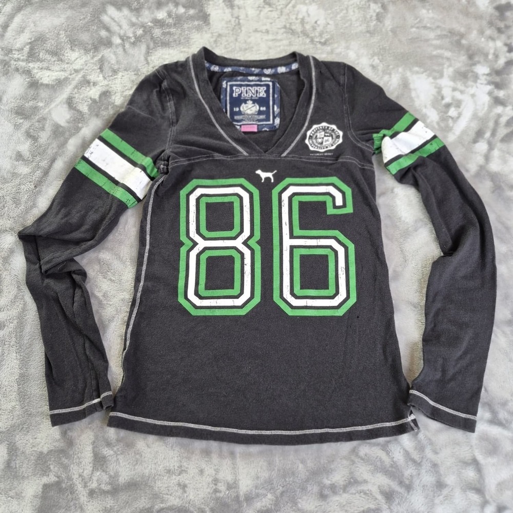 Y2K Victoria's Secret PINK Shirt Womens XS VNeck Long Sleeve Football Black